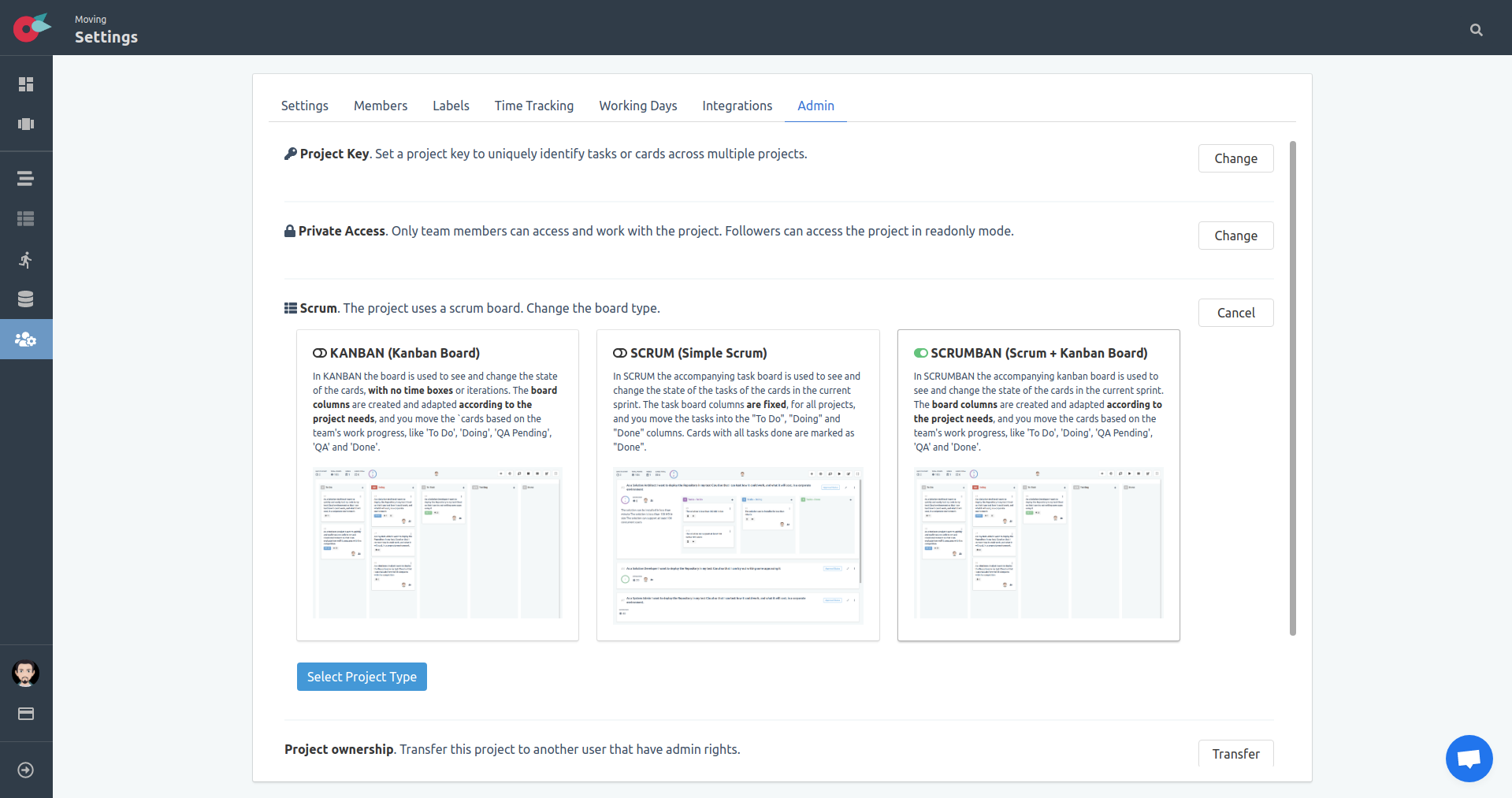 Project Tutorial - Project Settings - Board type Scrumban selected