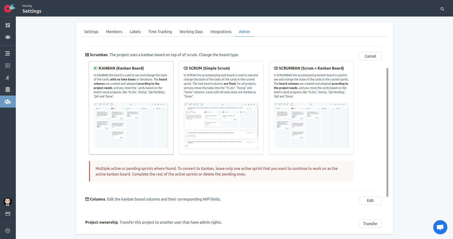 Project Tutorial - Project Settings - Board type - Kanban error message