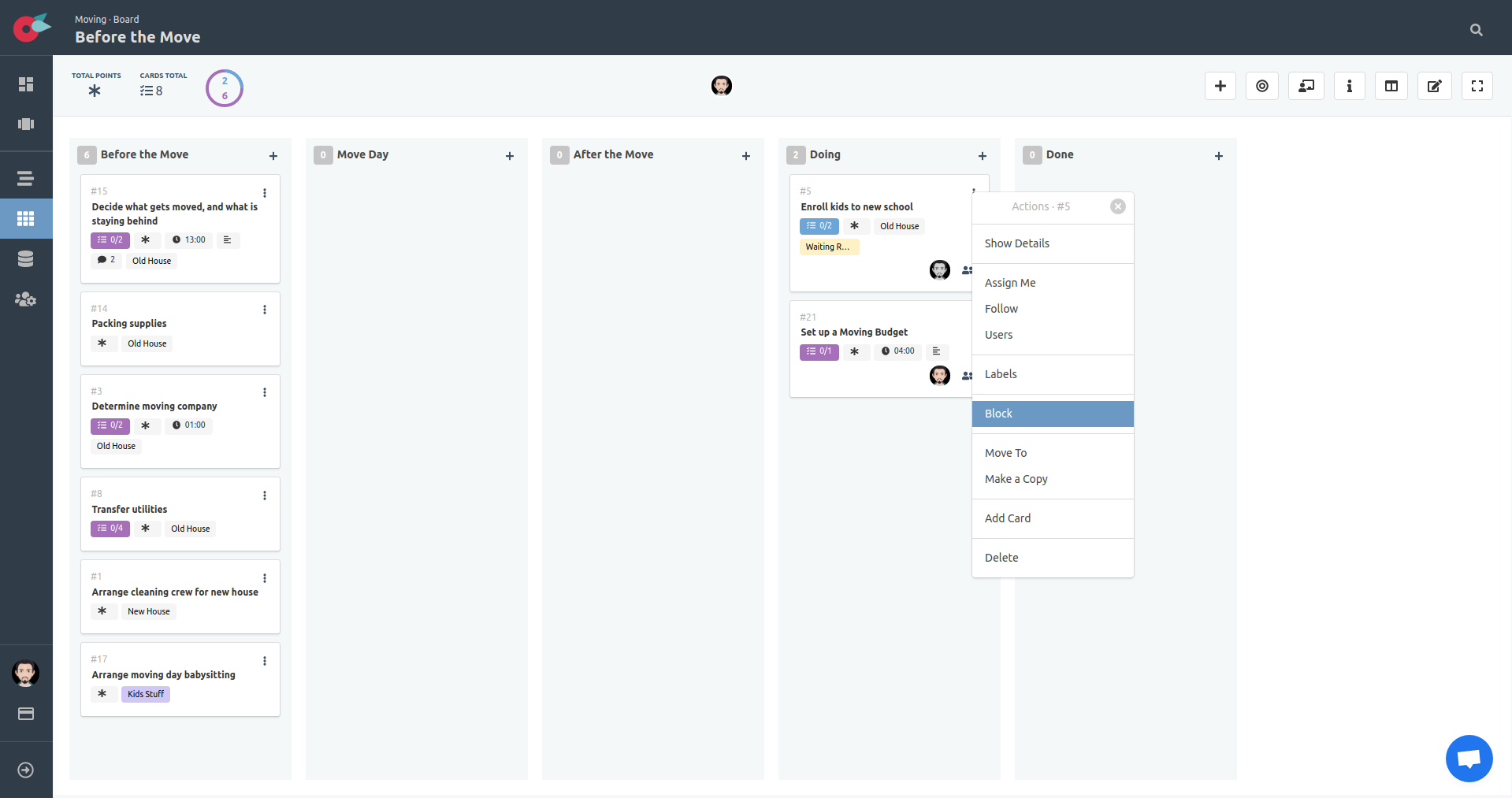 Project Tutorial - Kanban Board - Card menu - block slected